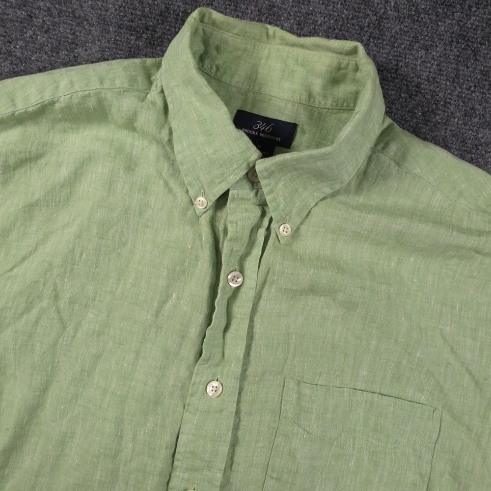 Brooks Brothers 346 Linen Shirt Mens M Green Short Sleeve Button Down Beach